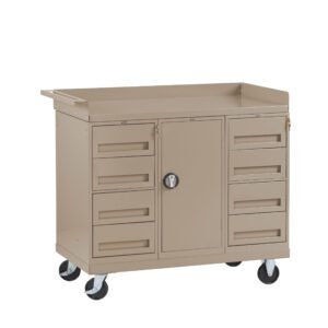 Tan rolling tool cart with multiple drawers and a central cabinet, featuring a handle on the side for easy maneuvering. The cart is equipped with four wheels for mobility.