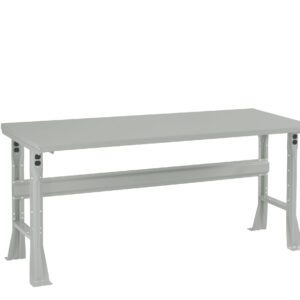 A grey metal workbench with a flat rectangular top and sturdy legs. A horizontal support beam connects the legs for added stability. The design is simple and industrial, suitable for various workspaces.