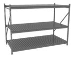 A three-tier metal shelving unit with vertical support beams and horizontal slatted shelves. The shelves are evenly spaced and empty, suitable for storage or display purposes. The unit is displayed against a plain white background.