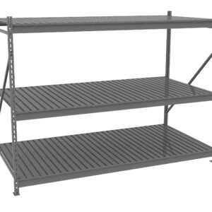 A three-tier metal shelving unit with vertical support beams and horizontal slatted shelves. The shelves are evenly spaced and empty, suitable for storage or display purposes. The unit is displayed against a plain white background.