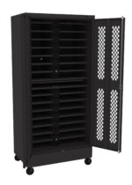 A black metal storage cabinet with multiple horizontal slots is shown. The cabinet door is open and features a perforated design. The unit is on wheels for mobility.