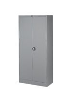Gray metal storage cabinet with double doors and a central round lock, standing on a flat surface.