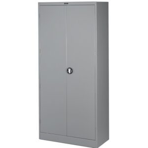 Gray metal storage cabinet with double doors and a central round lock, standing on a flat surface.