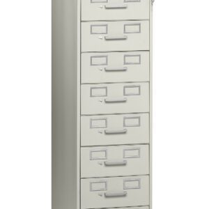 A tall, light gray metal filing cabinet with seven drawers and a lock on the top right corner. The cabinet is standing on a white background.