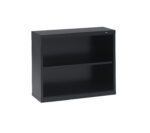 A black metal bookshelf with two open shelves. The bookshelf has a minimalist design and is set against a plain white background.