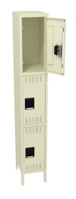 Tall beige locker with three compartments. The top compartment door is open, showing the empty interior. The middle and bottom compartments are closed. Square vents and handles are on each door. The locker stands on four legs.
