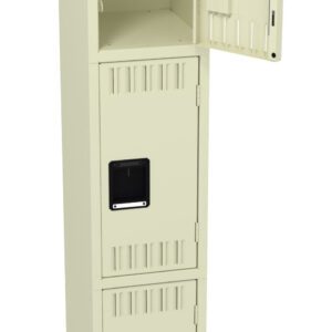 Tall beige locker with three compartments. The top compartment door is open, showing the empty interior. The middle and bottom compartments are closed. Square vents and handles are on each door. The locker stands on four legs.