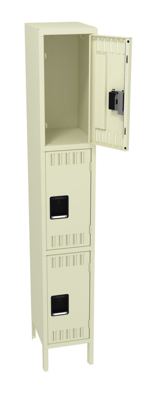 qcbzcf5flrzrdzbtlbmu.jpg Tall beige locker with three compartments. The top compartment door is open, showing the empty interior. The middle and bottom compartments are closed. Square vents and handles are on each door. The locker stands on four legs.