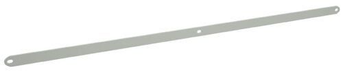 A long, thin metal strip with a hole near each end and one in the center, viewed at an angle. The strip appears light gray and has a smooth texture.