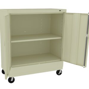 A beige metal storage cabinet on wheels with two doors open, revealing two shelves inside.
