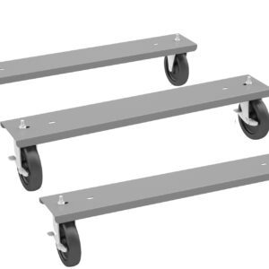 Three gray metal dolly platforms with black swivel casters, positioned diagonally. Each platform has two wheels attached for easy mobility. The platforms are identical in design and size.