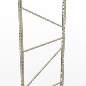 Metal shelving frame with vertical, perforated beams and diagonal cross-bracing on a white background. Designed for industrial or storage use.