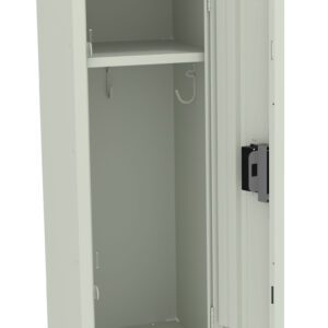 An open metal locker with a light gray finish. It has one shelf near the top and a hook on the back panel. The locker door has ventilation slots and a lock mechanism on the front. The interior is empty.