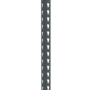 A long, narrow, dark gray metal T-post with uniformly spaced triangular holes along its length. The post is set against a plain white background.