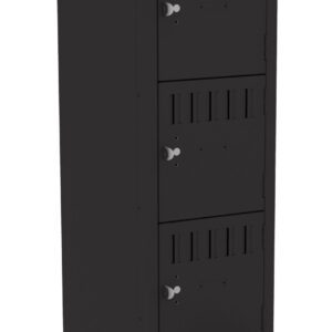 A tall black metal locker with five compartments, each with a small vented door. The bottom door is slightly open, revealing an empty space inside. The locker stands against a plain white background.