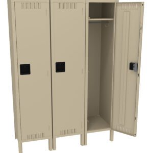 A beige metal locker with three compartments stands open. The left and middle doors are closed, while the right door is open, revealing a hanging rod and an empty interior. Each door has a black handle and ventilation slots near the top and bottom.