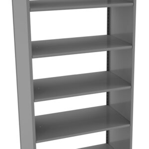 A tall, gray metal bookshelf with six evenly spaced shelves, designed for storage and organization. The shelves appear empty, and the unit is standing against a white background.