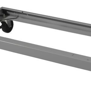 A gray, rectangular metal dolly with four swivel caster wheels, including two with locking mechanisms. The frame is open in the center.
