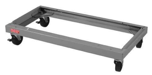 A gray, rectangular metal dolly with four swivel caster wheels, including two with locking mechanisms. The frame is open in the center.