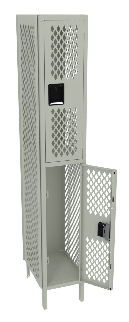 A tall, gray metal locker with diamond-patterned ventilation holes. The locker has two compartments: the top is closed, and the bottom is open, showing the interior space. Each door has a black rectangular handle.