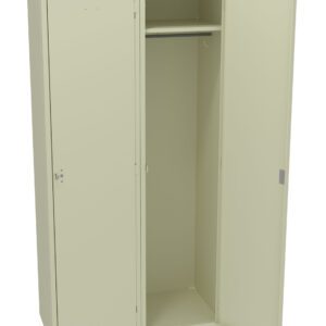 Open beige metal locker with two doors, one slightly ajar. Inside, there is a clothes rail and a shelf above. The locker is empty, showcasing its spacious interior.