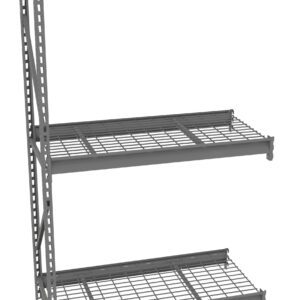 A three-tier gray metal shelving unit with wire grid shelves and a solid top shelf. Each shelf is supported by a vertical frame, creating a sturdy storage solution.