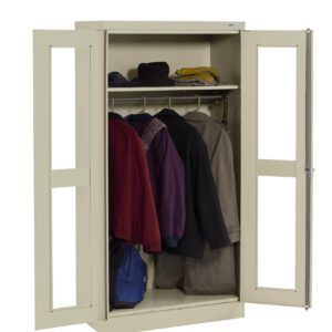 A beige metal wardrobe with open doors showing several coats and jackets hanging inside. There are also a few bags placed on the bottom shelf.