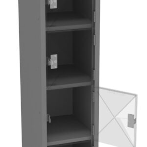 A tall, gray metal locker with six compartments, each with a transparent door. One door is open, revealing empty shelves inside. The locker is set against a plain white background.