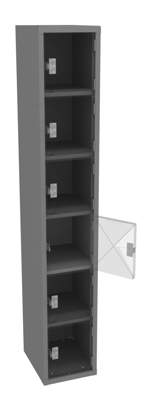 A tall, gray metal locker with six compartments, each with a transparent door. One door is open, revealing empty shelves inside. The locker is set against a plain white background.