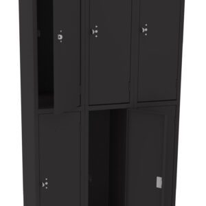 A set of six black lockers arranged in two rows of three. Three of the locker doors are slightly ajar, revealing empty interior spaces, while the other three are closed. The lockers have simple locking mechanisms on each door.