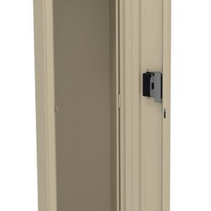 Tall beige metal locker with an open door, revealing an empty interior. The locker features a single shelf at the top, a clothing rod beneath it for hanging items, and stands on four small legs. A black locking mechanism is visible on the door.