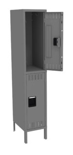 A tall, gray metal locker with two compartments. The top compartment door is open, revealing an empty space, while the bottom compartment door is closed. The locker stands on four legs.