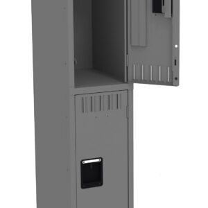 A tall, gray metal locker with two compartments. The top compartment door is open, revealing an empty space, while the bottom compartment door is closed. The locker stands on four legs.