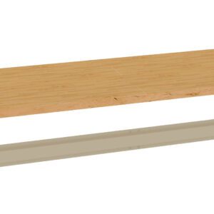 A rectangular wooden table top with a light wood grain pattern is displayed above a beige metal support rail. The table top is positioned horizontally, and the metal rail is separate but aligned below it.