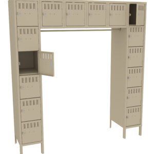 A tall, beige locker unit with multiple compartments arranged in a U-shape. Some doors are open, showing interior storage space. The unit stands on legs and includes a variety of lockable sections.
