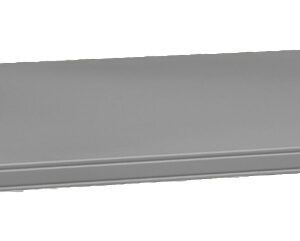 A flat, rectangular, gray metallic shelf shown against a white background. The surface appears smooth, with sharp edges and a minimalistic design.