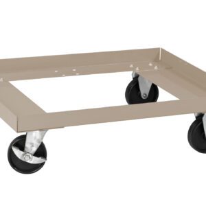 A beige metal dolly with a square frame and four swivel caster wheels, designed for moving heavy items. The frame is open in the middle, and the wheels are black with silver metal fixtures.