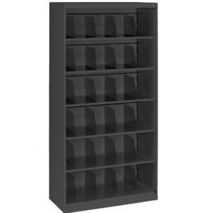 A tall, black, metal storage shelf with six rows, each containing six individual compartments. The design is minimalist, and the shelves are mostly empty, highlighting the sleek, reflective surface.