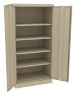 A beige metal storage cabinet with one open door, displaying five adjustable shelves. The cabinet is empty and stands against a plain background.