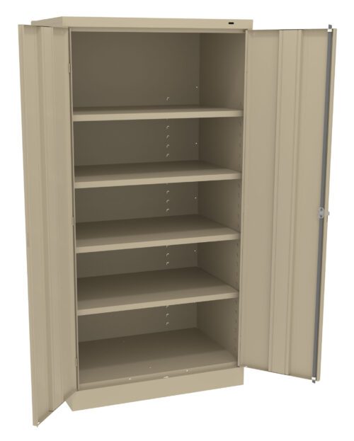 A beige metal storage cabinet with one open door, displaying five adjustable shelves. The cabinet is empty and stands against a plain background.