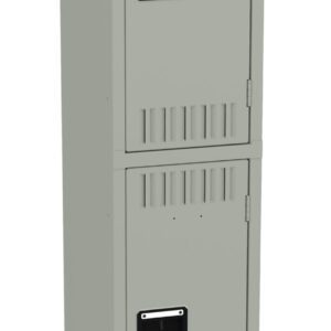 A tall, gray metal locker with two compartments stacked vertically. Each compartment has a black handle and ventilation slits. The locker stands on four legs.