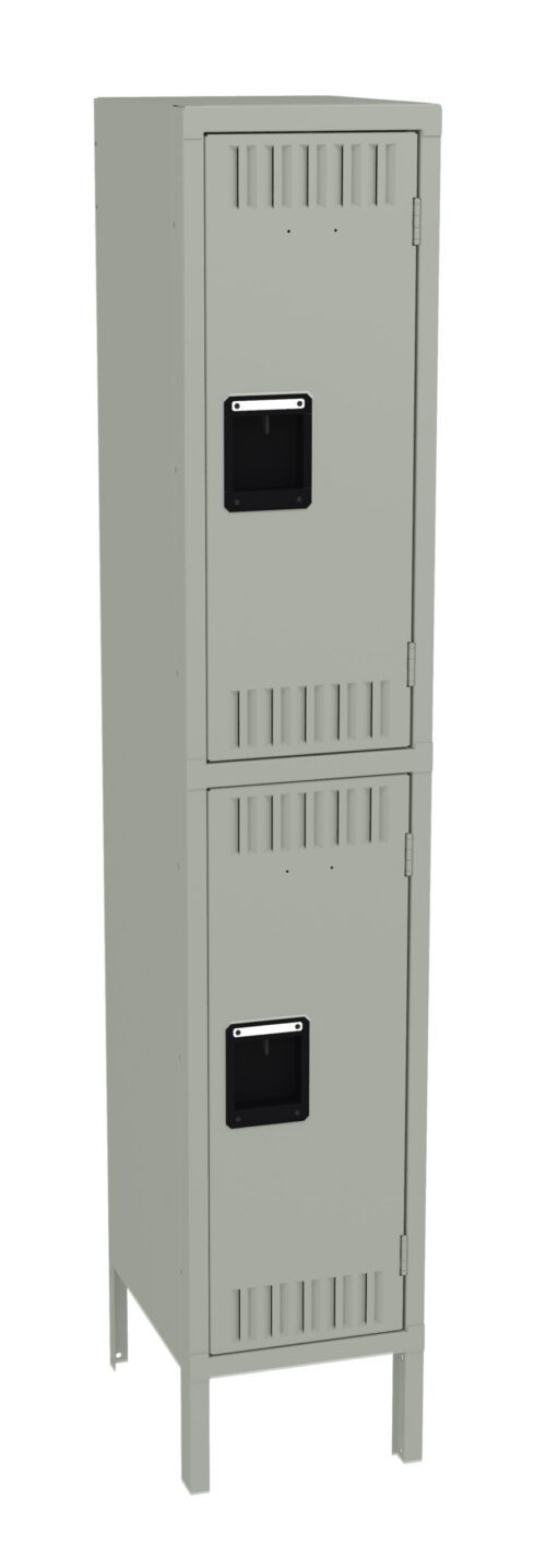 A tall, gray metal locker with two compartments stacked vertically. Each compartment has a black handle and ventilation slits. The locker stands on four legs.