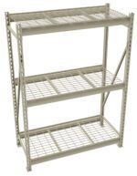 Metal shelving unit with three wire grid shelves and a sturdy frame, designed for storage. The shelves are evenly spaced, and the structure is open with diagonal supports on the sides for stability.