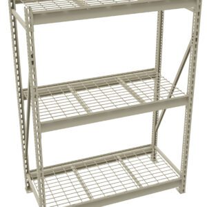 Metal shelving unit with three wire grid shelves and a sturdy frame, designed for storage. The shelves are evenly spaced, and the structure is open with diagonal supports on the sides for stability.