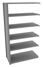 A gray metal shelving unit with five open shelves, viewed from a slight angle. The structure is simple and industrial, designed for storage or organization.