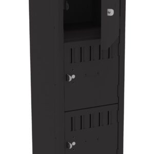 A tall, narrow black metal locker with five compartments, each featuring a handle and lock. The third compartment from the top is open, revealing an empty space inside. The locker stands on four legs.