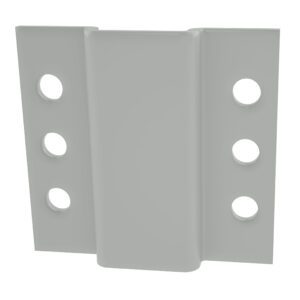 A gray metal bracket with three circular holes on each side, designed for mounting or structural support. The central section is slightly raised, giving it a symmetrical appearance.