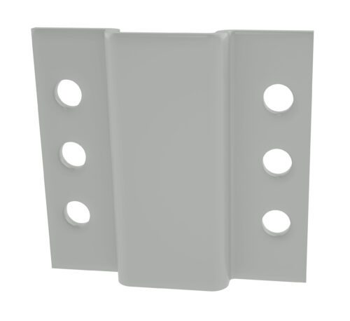 A gray metal bracket with three circular holes on each side, designed for mounting or structural support. The central section is slightly raised, giving it a symmetrical appearance.