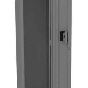 Gray metal locker with a single open door, revealing an empty interior. A shelf is near the top, and there is a hook for hanging items. The locker stands on four legs, and a lock mechanism is visible on the door.