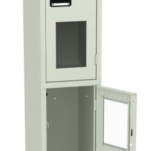 A tall, light gray metal locker with two compartments. The top compartment is closed, and the bottom compartments door is open, showing its interior. Both doors have transparent sections and black handles.